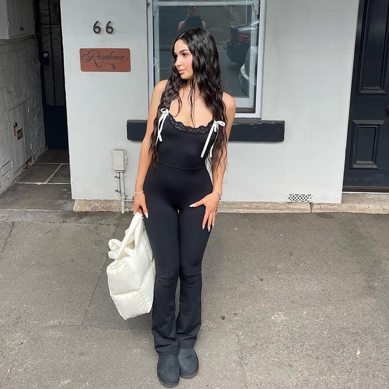 Lace-Panelled Casual Flared Jumpsuit With Bow-Tie Shoulder Straps
