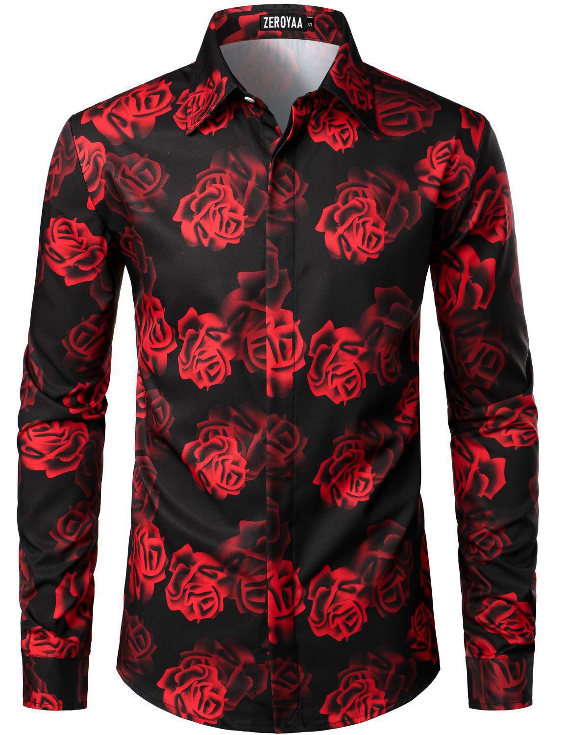 Fashion 3D Rose Printing Men's Long Shirt