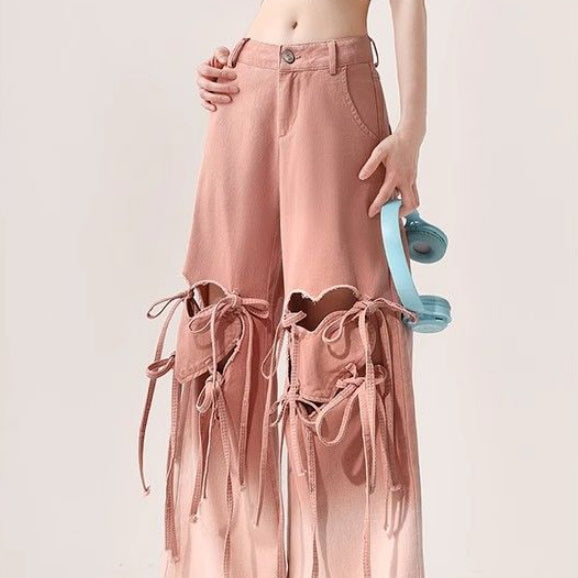 Plump Girls Design Sense Hollow-out Ripped Lace-up Jeans