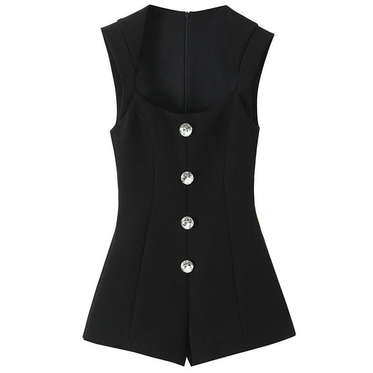 Womens Fashion Jewelry-Embellished Button-Trimmed Short Jumpsuit