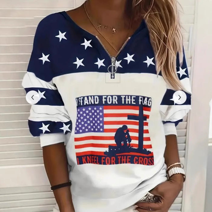 Trendy Afslappet Flag-Sweatshirt Med Halv Lynlås