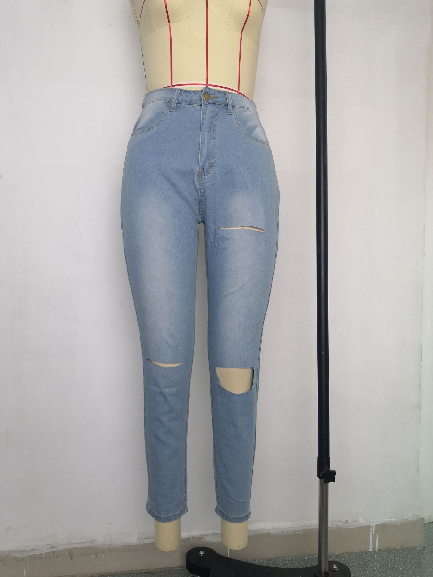 Damehøjtaljede denim-blyantsbukser med høj elasticitet