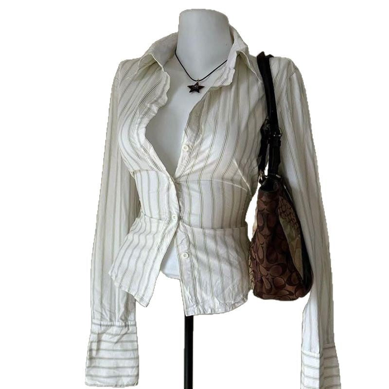 Ins-style Chic Commuter-striped Button-up Long-sleeve Shirt T-shirt For Women