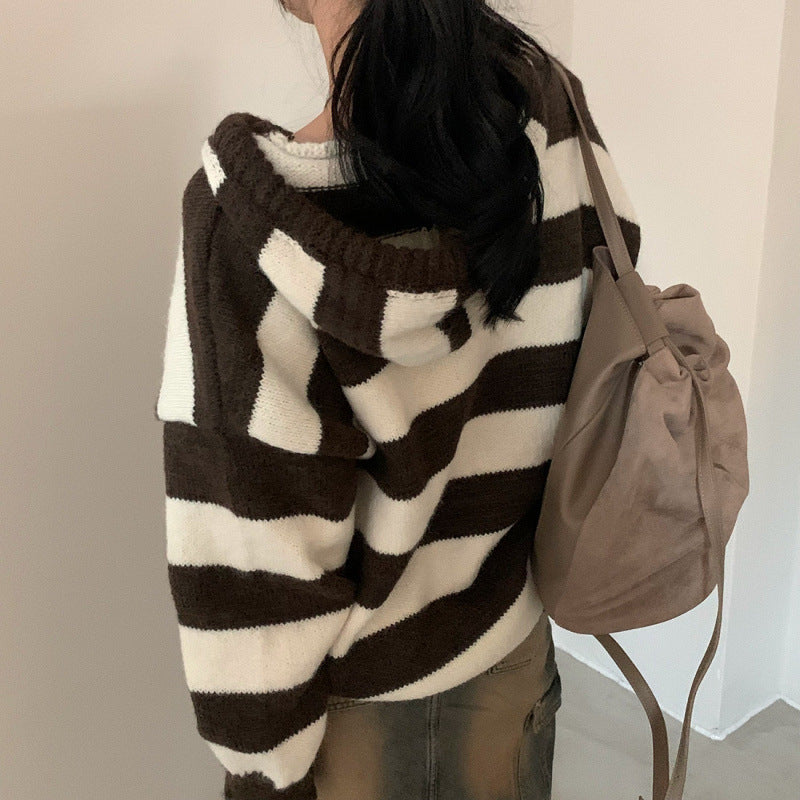 Contrast Color And Versatile Long Sleeve Hooded Striped Sweater Pullover