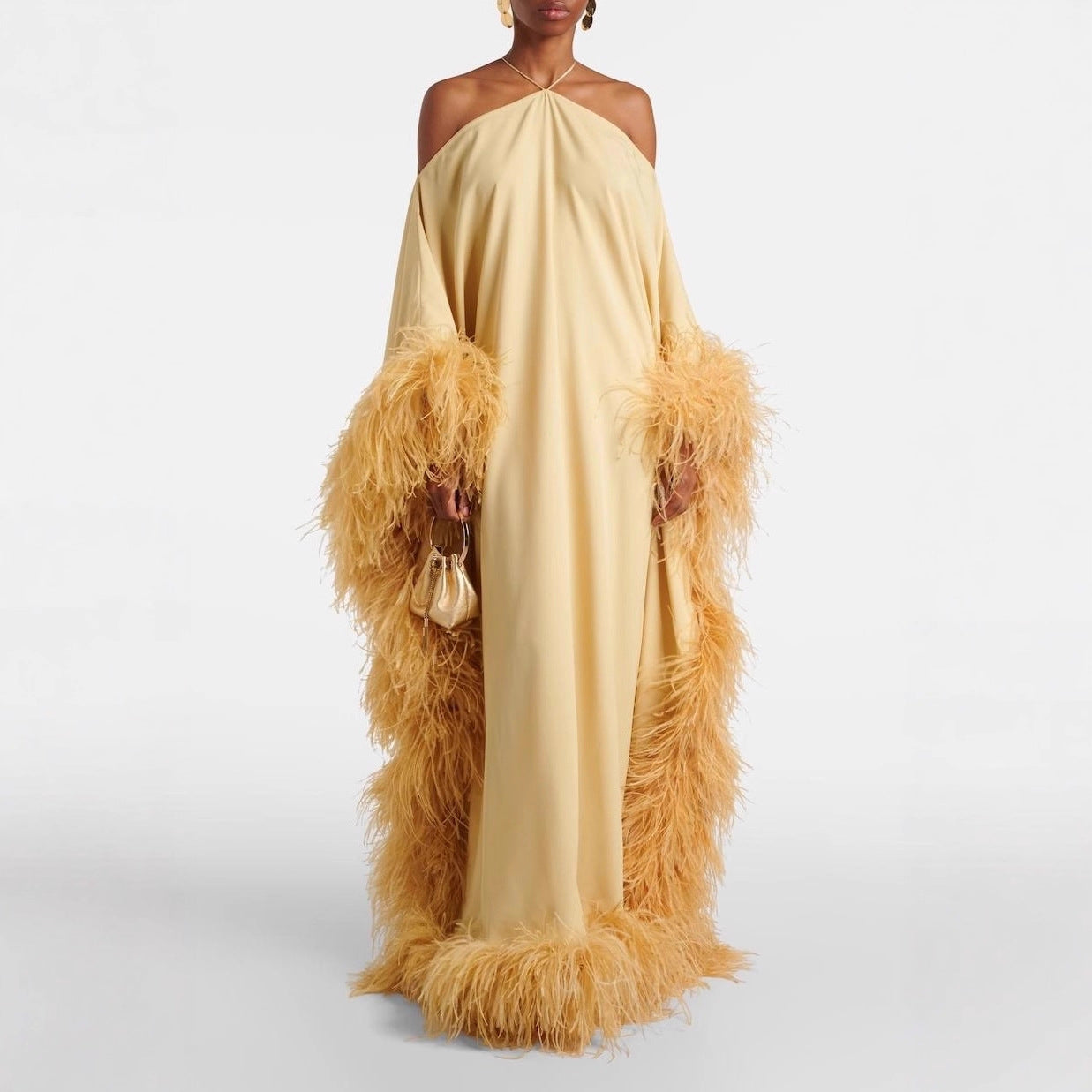 Womens Fashionable Halterneck Off-shoulder Feather Dress