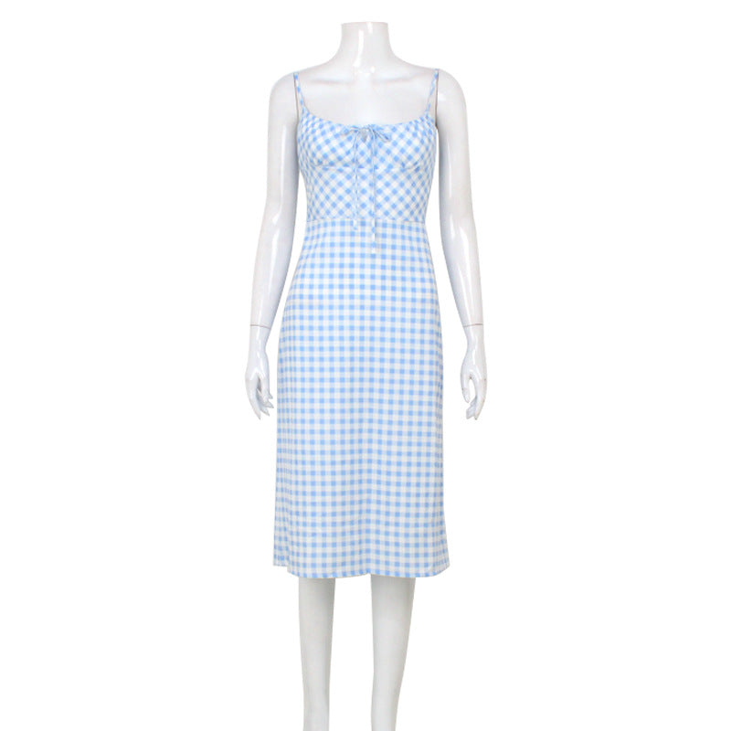 Summer French-Style Gentle Plaid Slip Dress