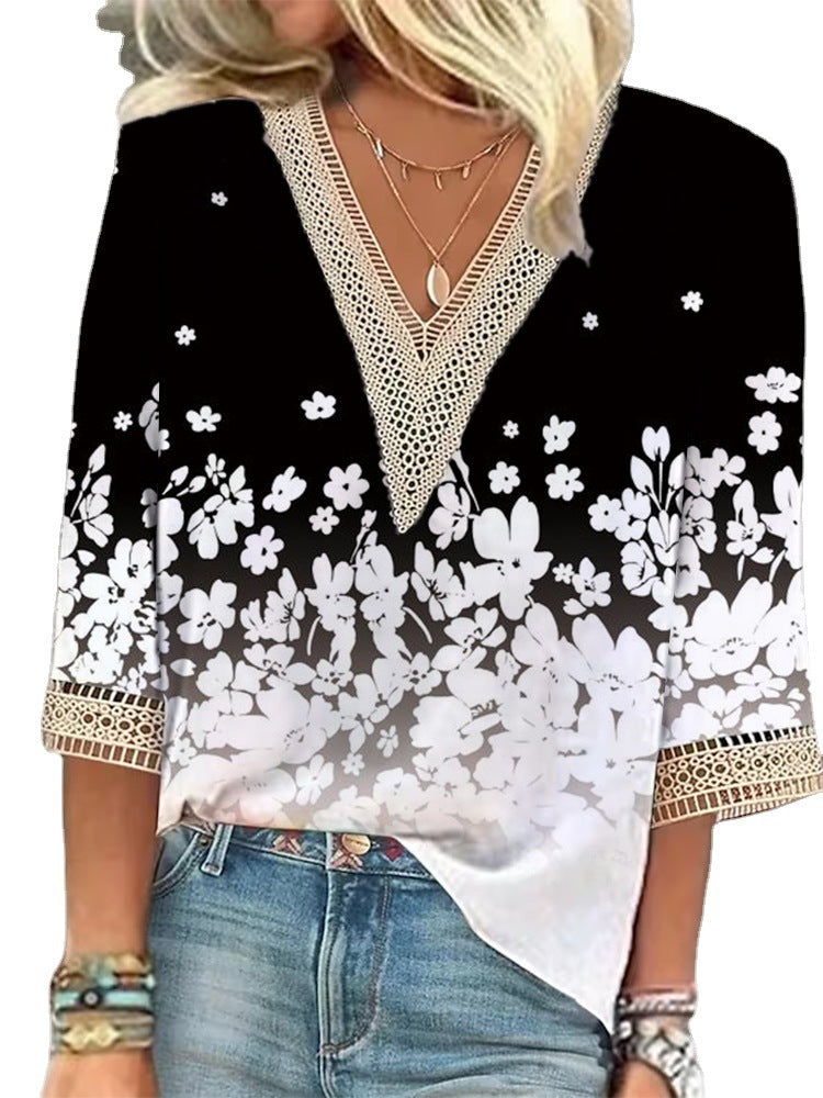 Women's Loose New Multi-color Floral Print Stitching Lace Mid-sleeve V-neck T-shirt