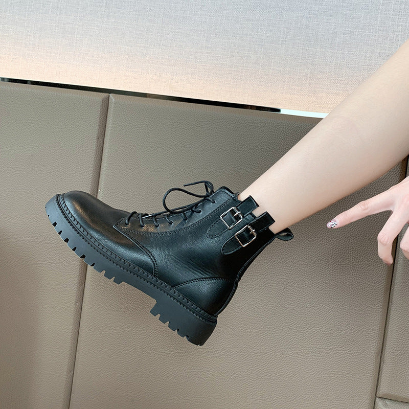 Lace-up Thick Heel Boots All-match Retro Fashion