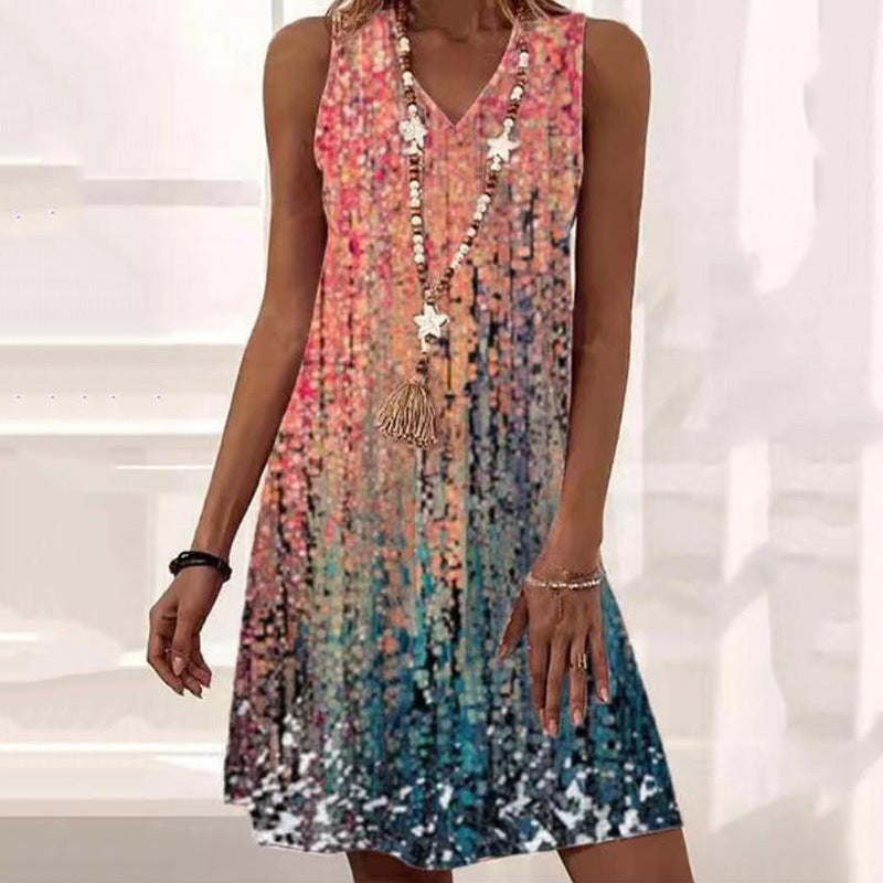 Women's Loose Fitting Dress With Sleeveless Printing