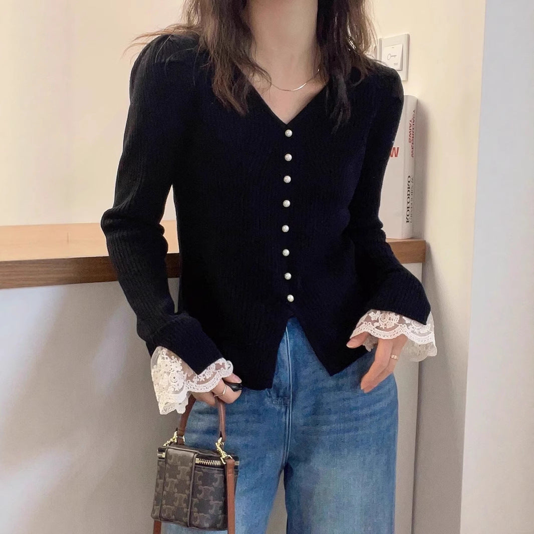 Korean Style Sense Of Design Long Sleeve Lace Splicing Knitwear