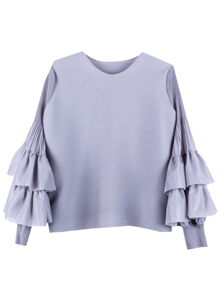Versatile Ruffled Blouse With Puff Sleeves And A Round Neckline