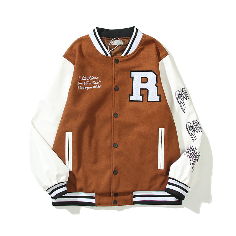Men's And Women's Skull Embroidery Leather Sleeve Stitching Baseball Uniform Jacket