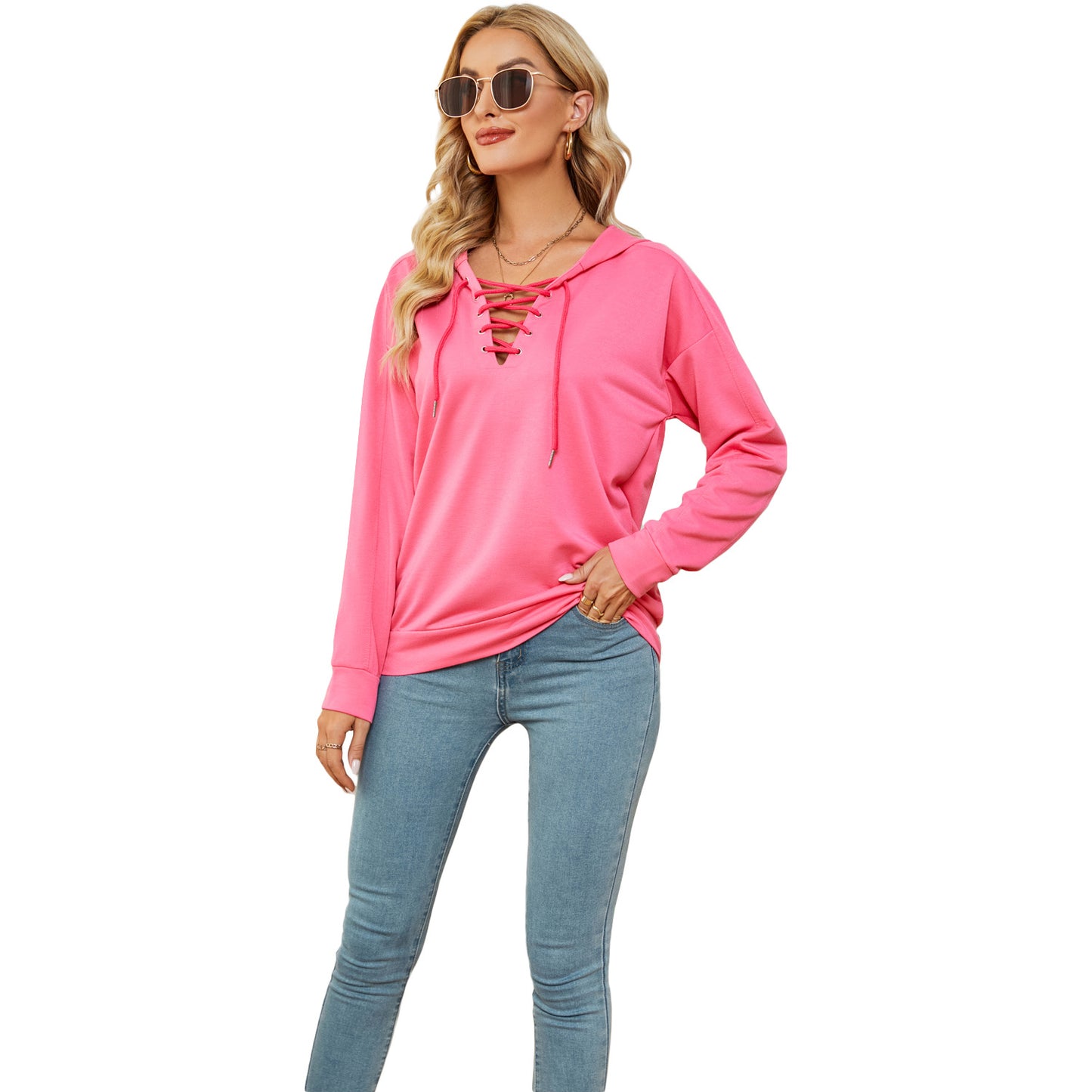 European And American Women's Solid Color Hooded Sweater With Collar Straps