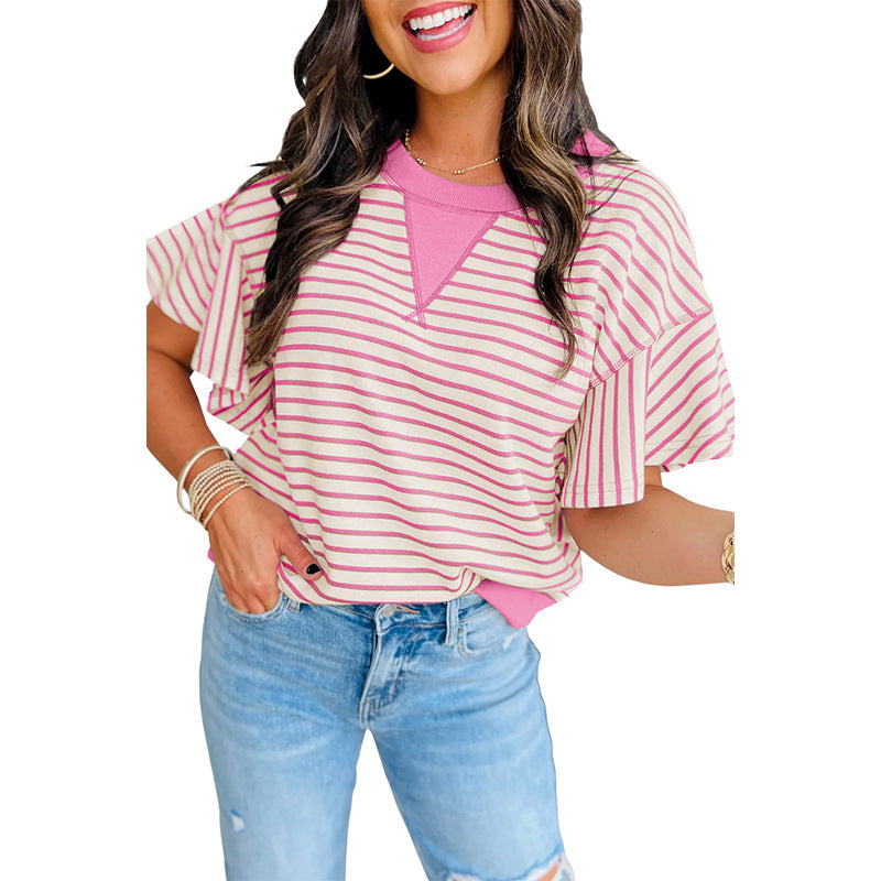 Round Neck Striped Printed Loose T-shirt