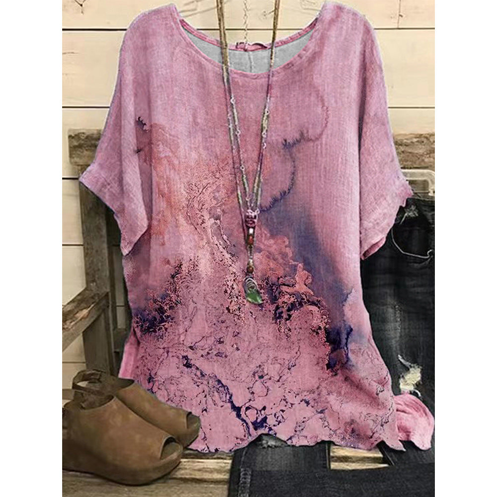 Løs afslappet T-shirt med rundt halsudskæring og print til kvinder