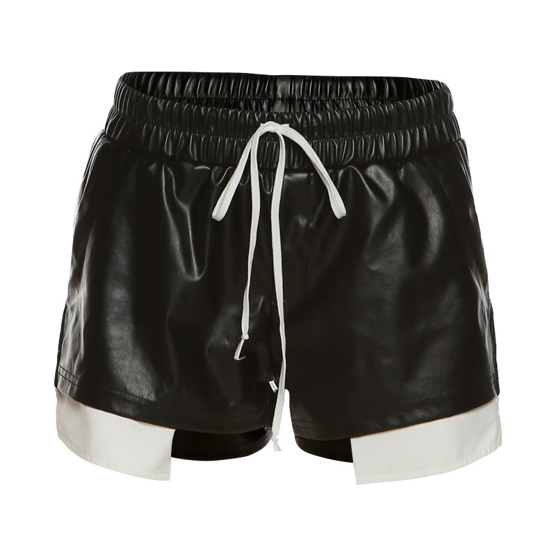Women's Fashion Contrast Color Faux Leather Lace Up High Waist Pack Hip Tight Casual Shorts