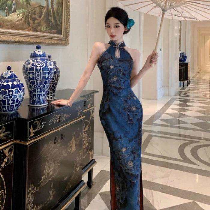 Womens Retro Printed Cheongsam Dress