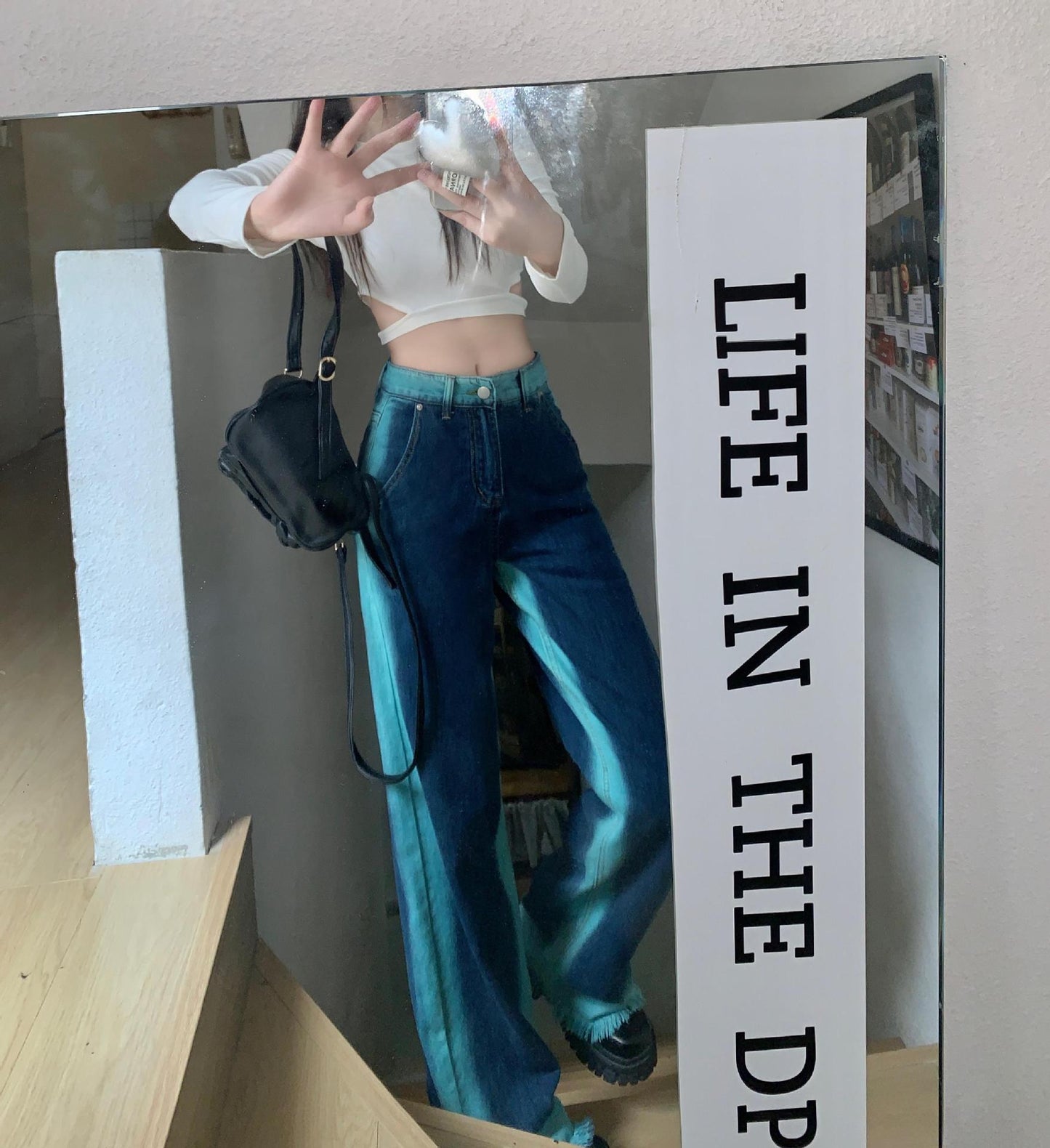 Street Color Jeans With Wide Legs And Raw Hem