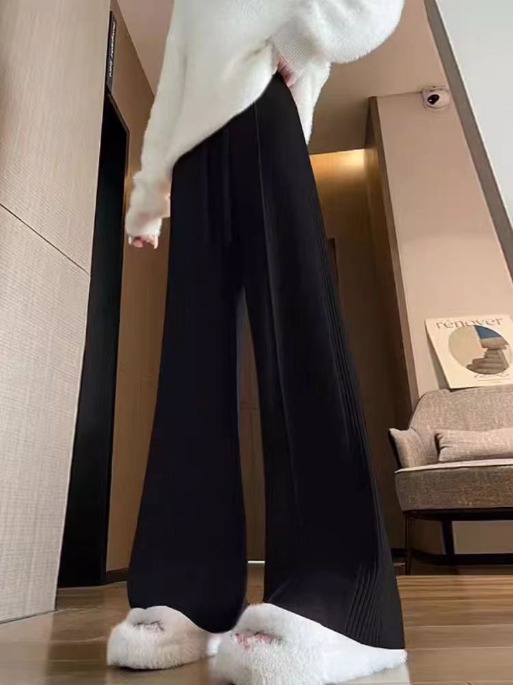 Sunken Stripe Knitted Wide Leg Women's Straight-leg Pants