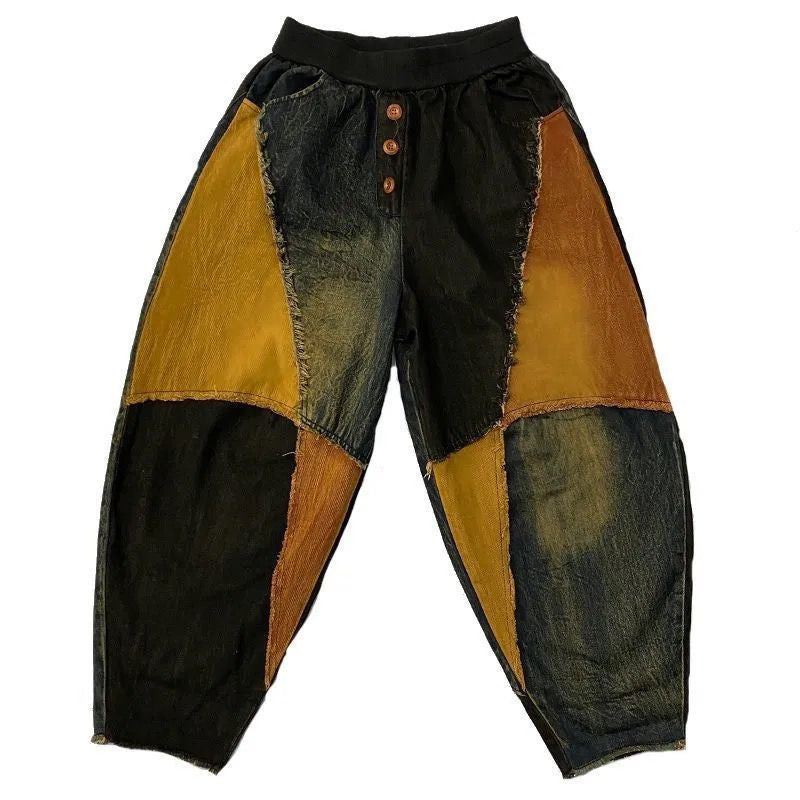 Nye personlige brystede, flossede, farveblok-denim-harem-bukser – løse, slankende damebukser