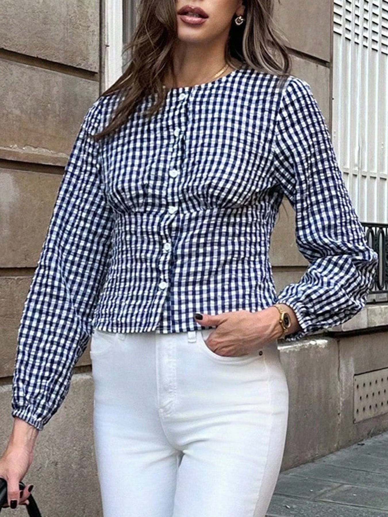 Women's Retro Casual Round Neck Plaid Shirt