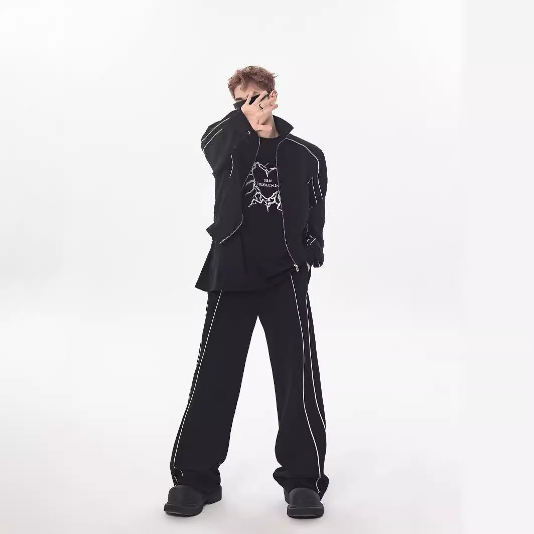 High-end Pu Shuai Casual Suit Loose Design Cardigan Stand Collar Jacket Wide Leg Pants Matching Two-piece Suit