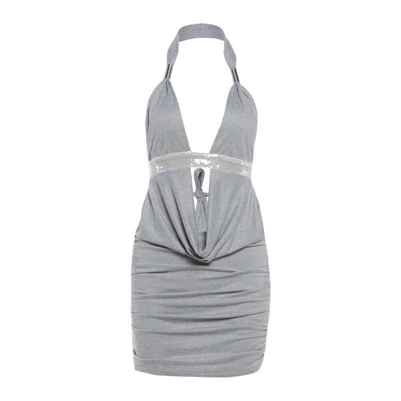 Spring Sexy Deep V Neck Lace Up Halter Dress