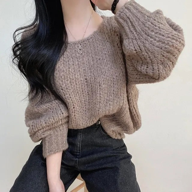 Simple Pullover Drop-shoulder Sleeve Loose Thick Knit Knitwear