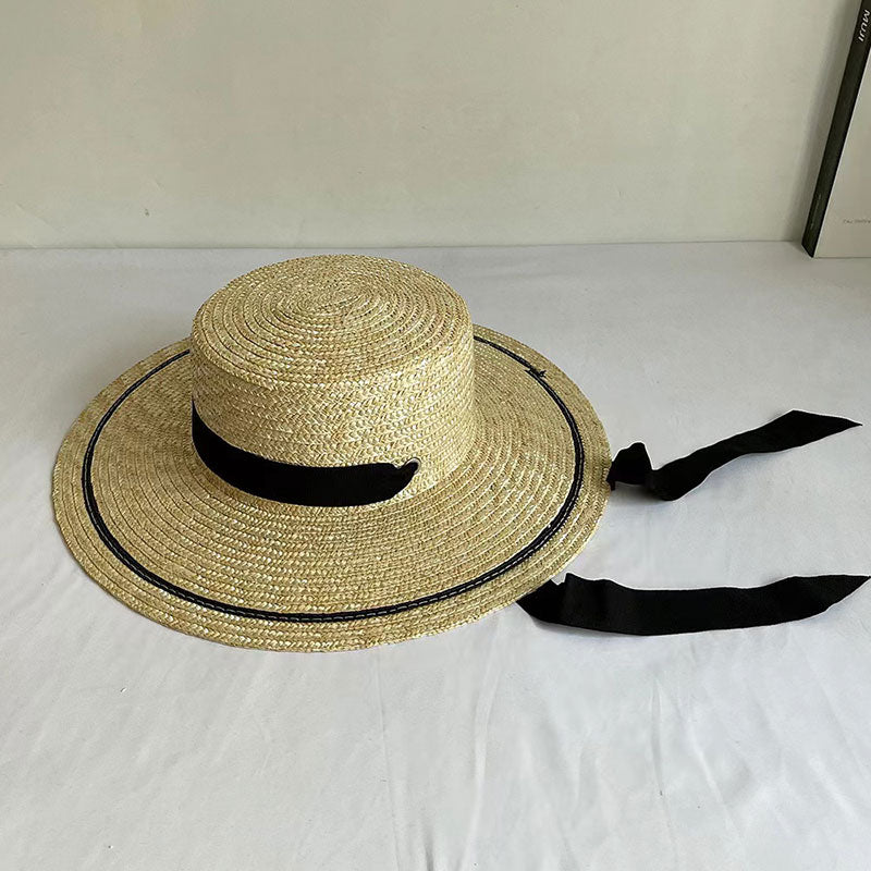 Flat Top Lace-up Straw Hat Seaside Outing