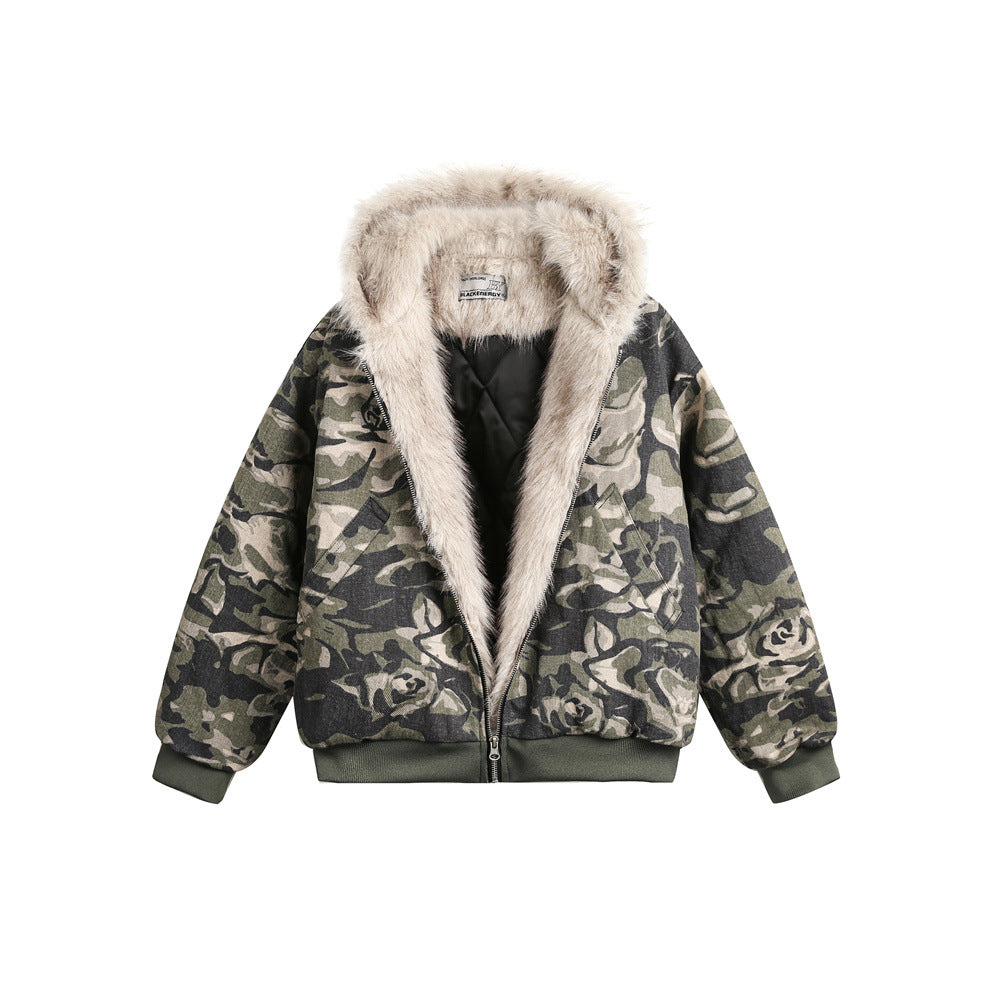 Cotton-padded Jacket Male And Female Personality Hooded Simple Fur Collar Coat