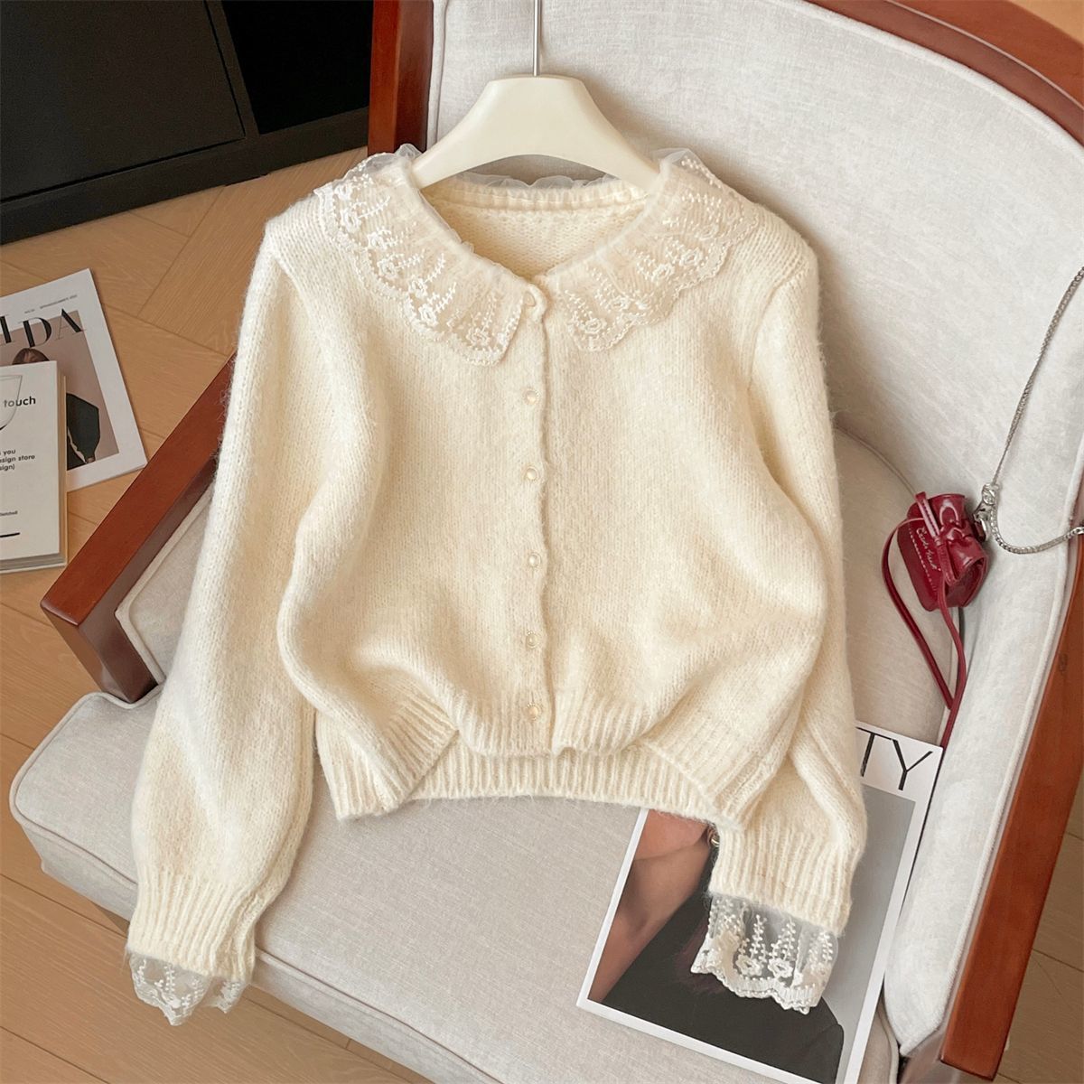 Yellow Lace-patched Soft And Delicate Knit Top