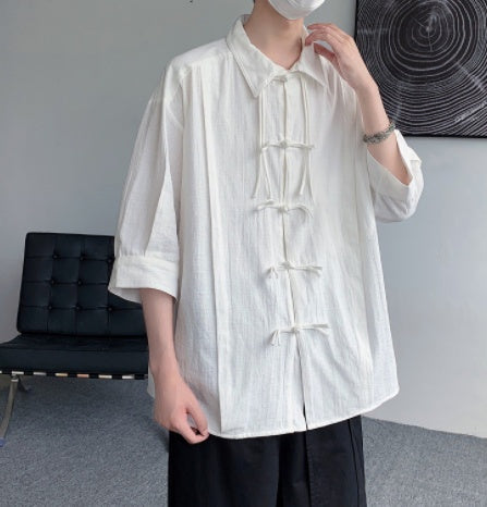 Boys' Cotton Linen Loose Button Diagonal Collar Long Sleeved Shirt Jacket