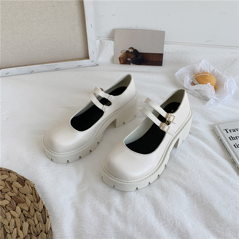 Forår Retro Chunky Hæl Plateau Lædersko