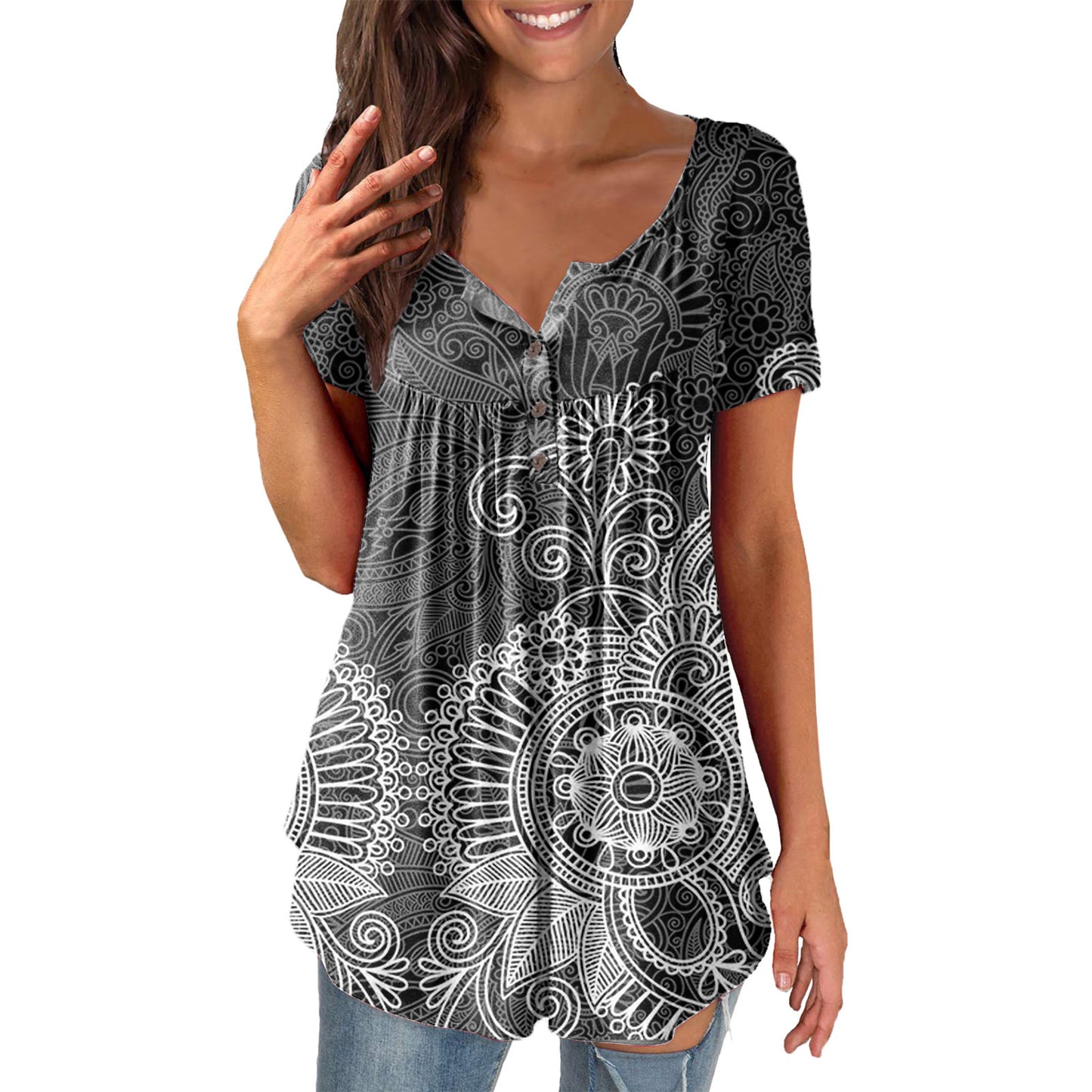 Ladies' Printed Ruffled Pullover Short Sleeve