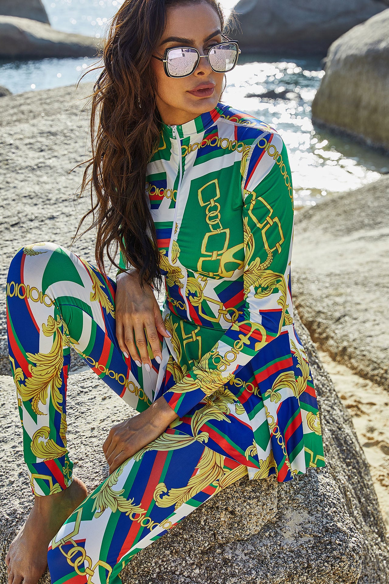 Womens Printed High-Neck Long-Sleeve Sun-Protective One-Piece Swimsuit