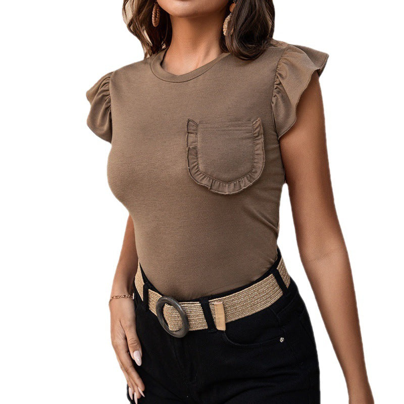 European And American Women's Clothing Solid Color Stitching Fungus Edge Pocket Sleeveless T-shirt