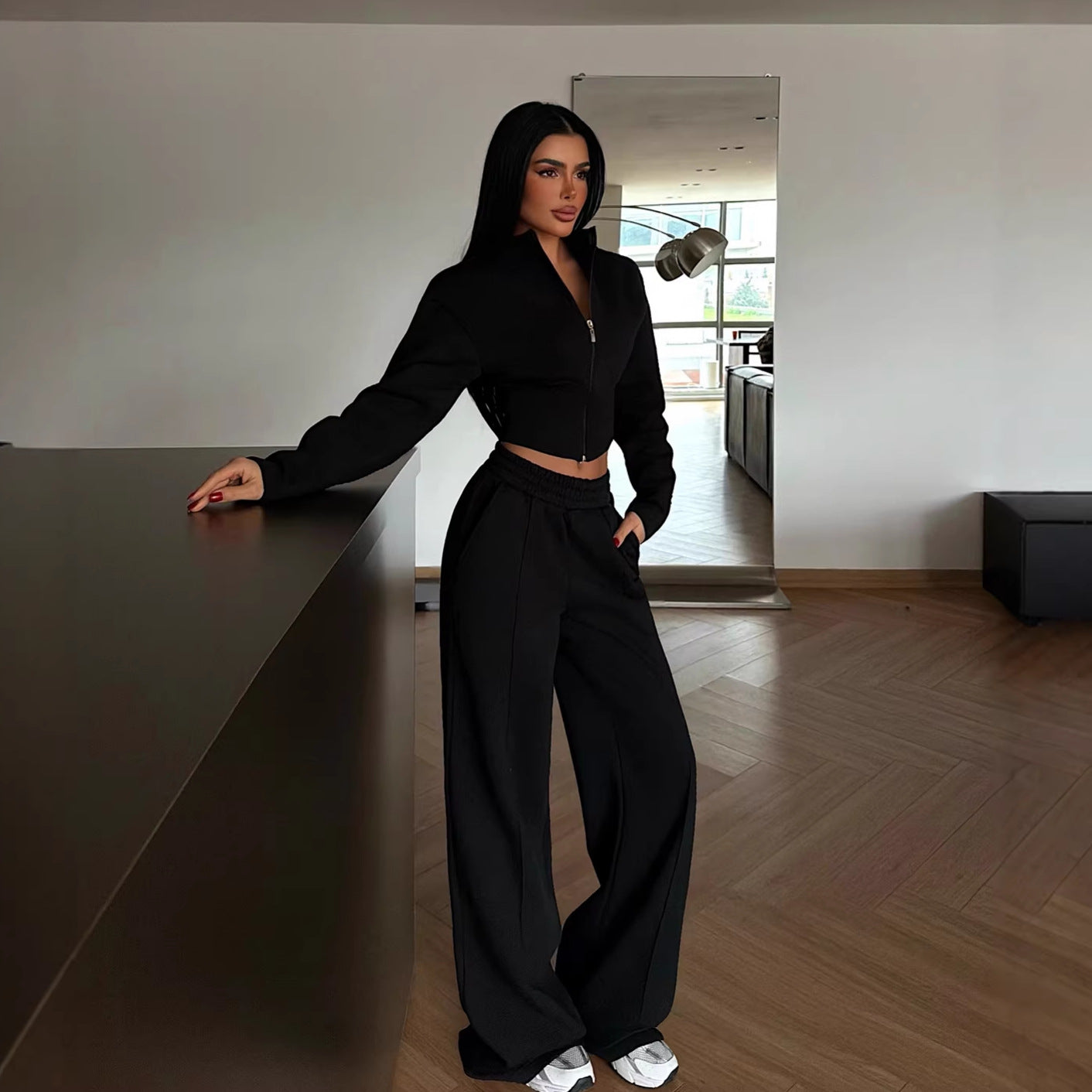 Zip-up Cardigan Jacket And Drawstring Pants Two-piece Set For Spring And Fall