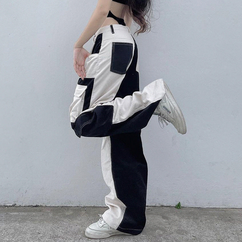 Multi Pocket Contrast Stitching Elements Low Waisted Corduroy Pants