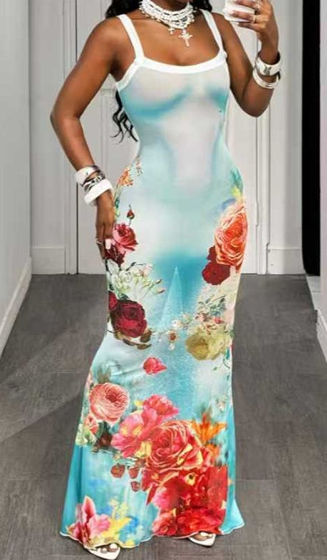 Resort-style Floral Print Sundress, Fitted Fishtail Dress For Women