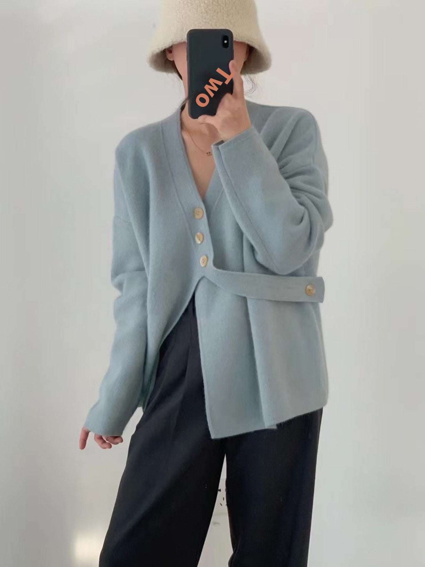 V-neck Diagonal Buckle Loose Knit Sweater Jacket
