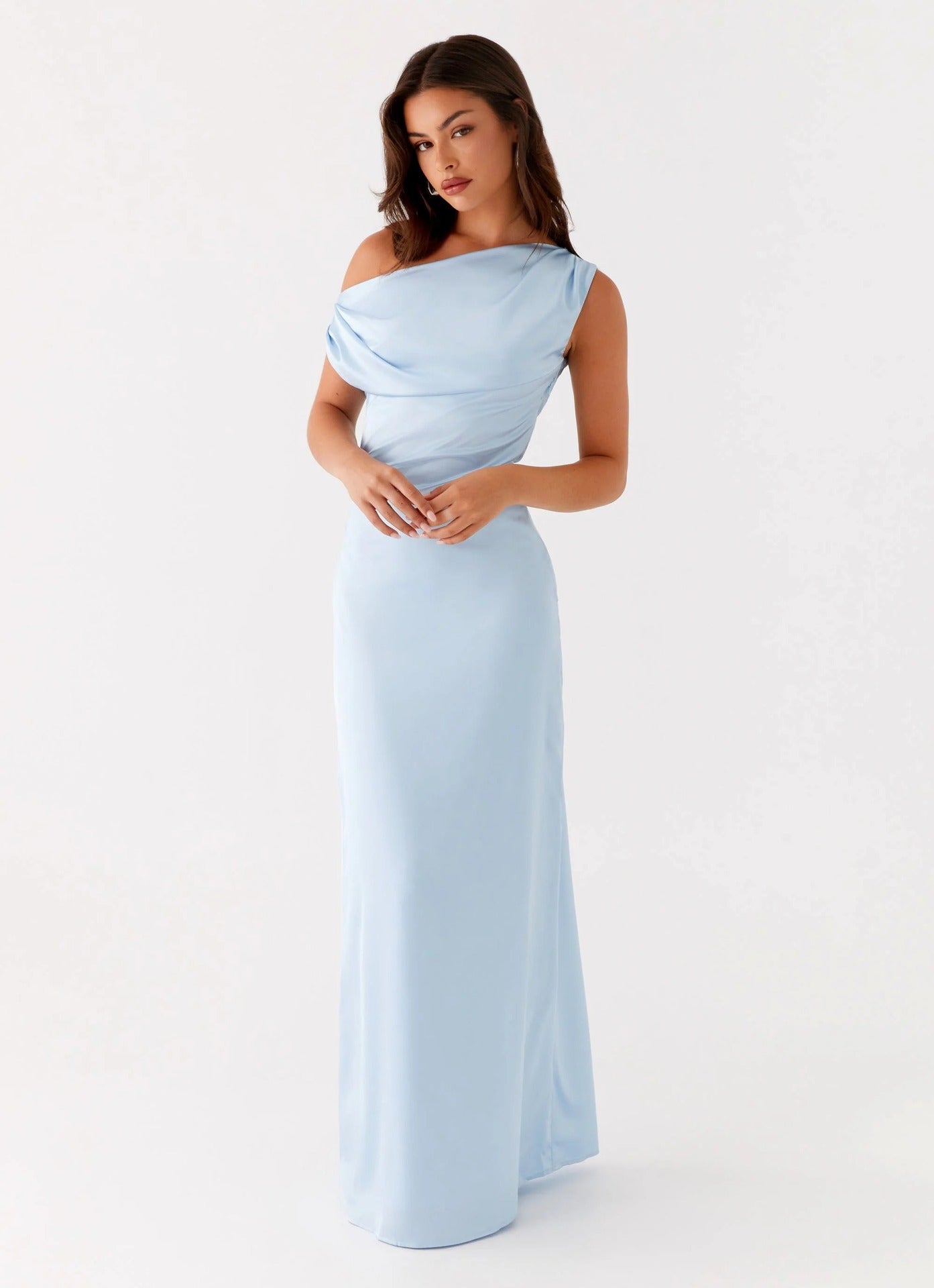 New Solid-color Asymmetrical Neckline Pleated Long Dress