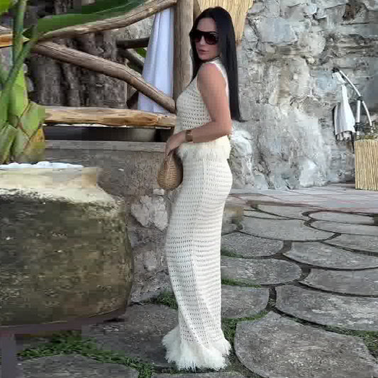 Womens Fashion Round-Neck Sleeveless Hollow-Out Knit Set