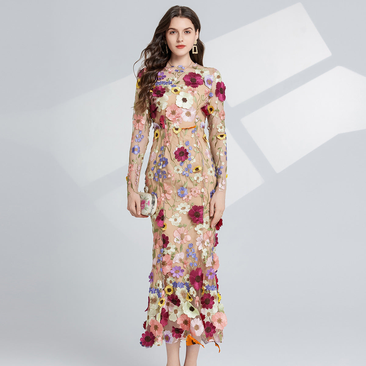 Dress Elegant Embroidered 3D Flower Design, Defined Waistline Long Sleeves