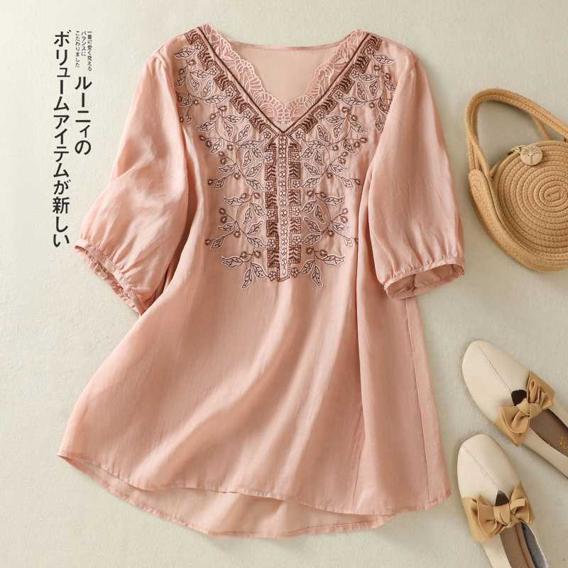 Vintage Embroidered V-Neck Blouse With Three-Quarter Sleeves For Women