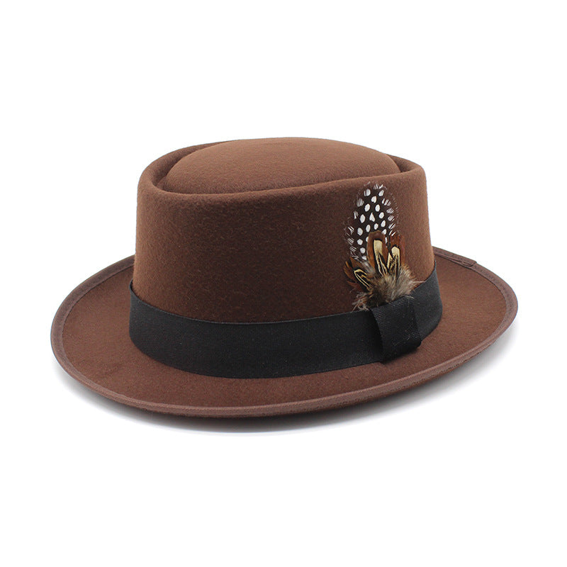 Versatile Jazz Hat Flat Top Woolen Feather French