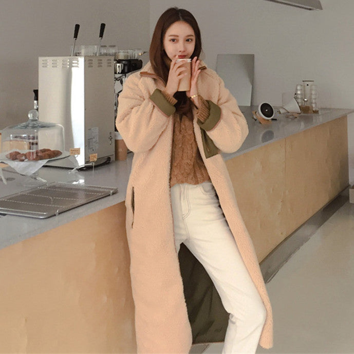 Stand Collar Color Matching Lambswool Two-sided Zipper Coat