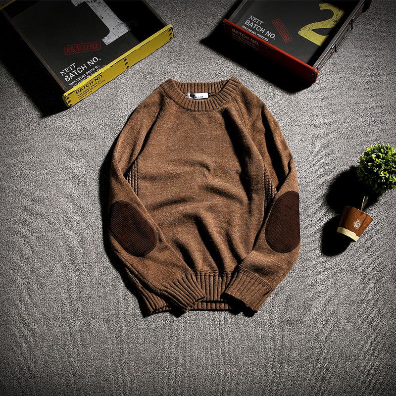 Men's Knitwear Solid Color Patch Handsome Student Crewneck Sweater