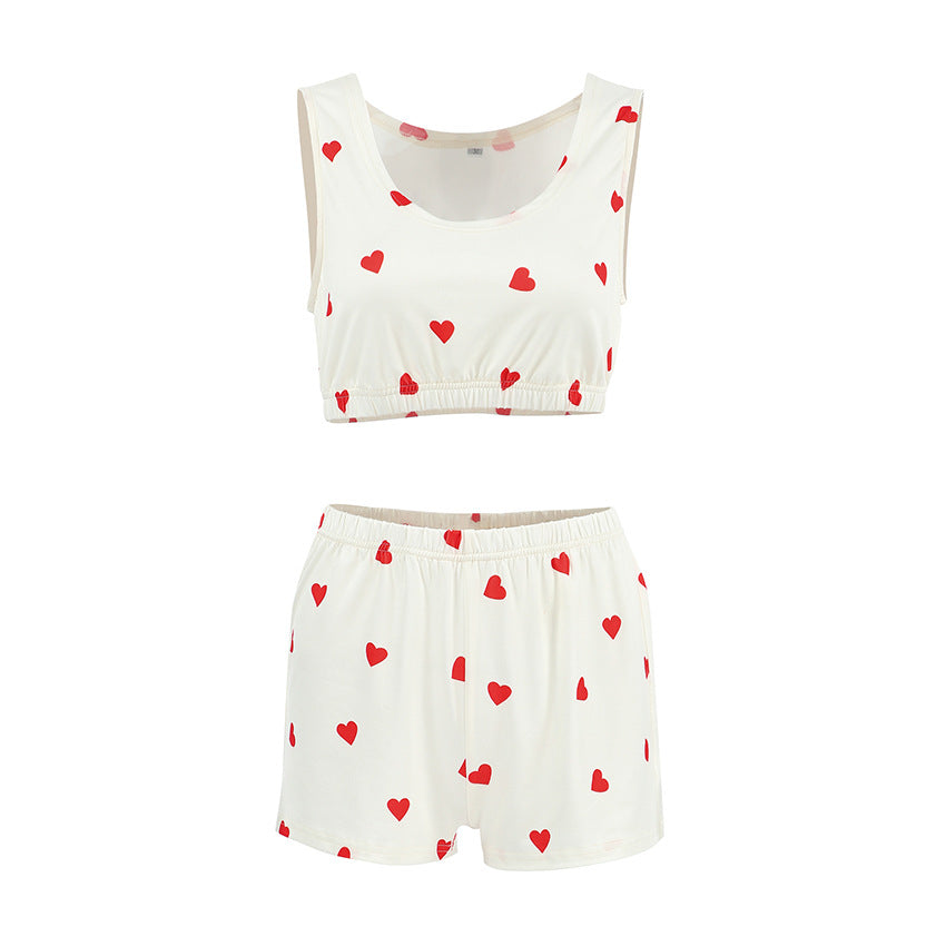 Heart-printed Vest And Elastic-waist Shorts Two Pieces