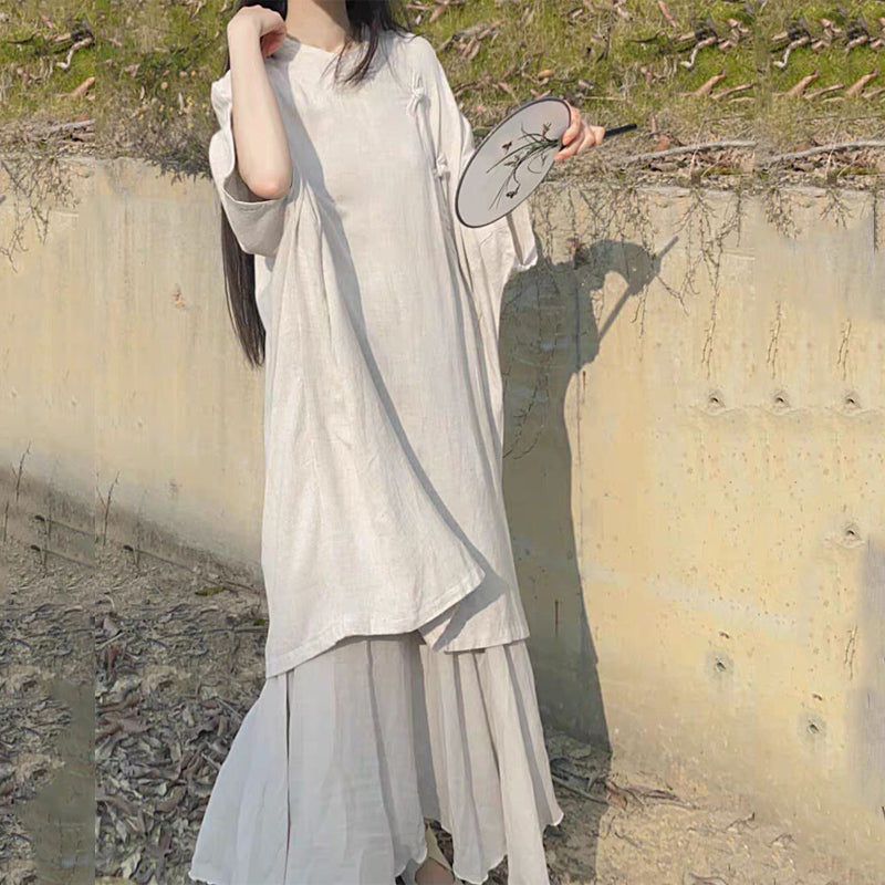 Cotton-Linen Artistic Retro Slant-Collar Button-Front Zen-Style Short-Sleeve Dress