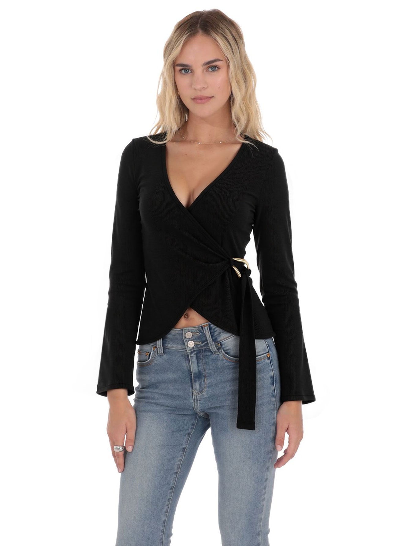 French Niche Design Women's Black V-neck Long-sleeved Waist-cinching Knit Top